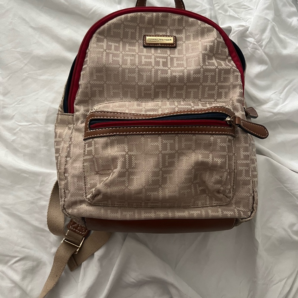 Tommy Hilfiger Cream and Brown Backpack with Monogram Design
